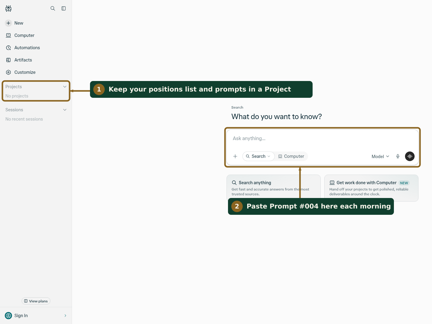 Perplexity home screen with the Projects section in the sidebar and the ask box highlighted