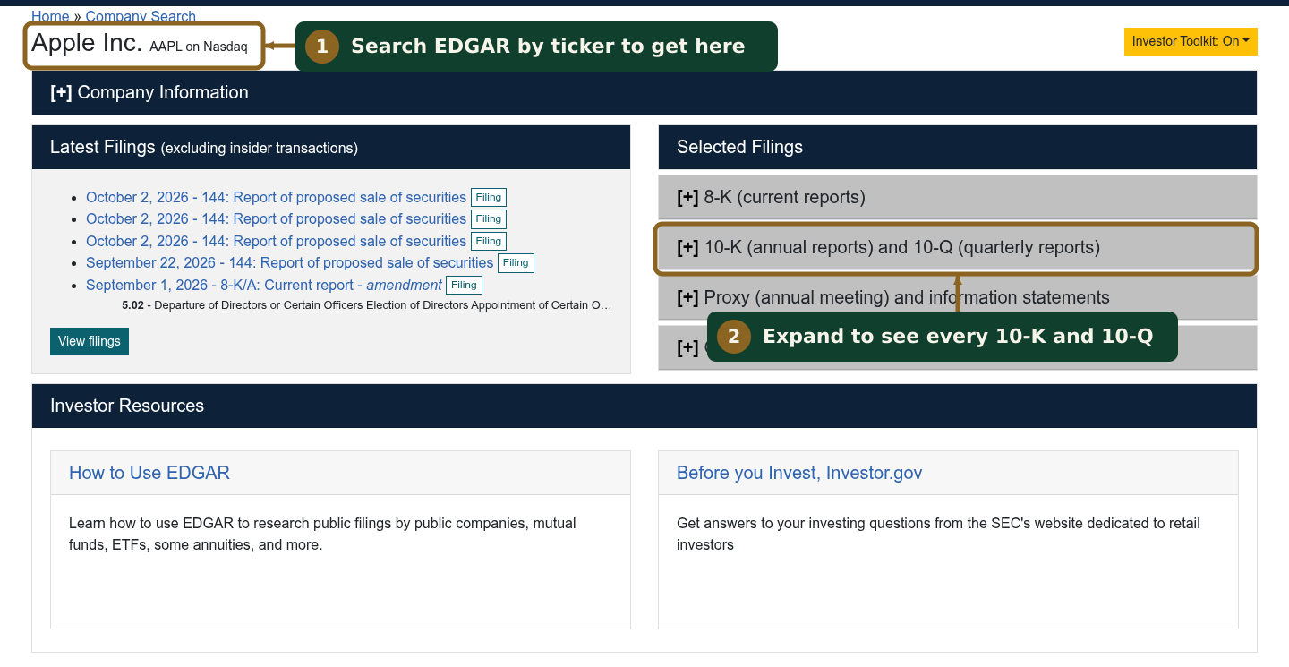 EDGAR company page for Apple with the 10-K and 10-Q filings section highlighted